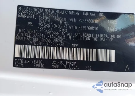 2024 Toyota Sienna Xle z USA, uszkodzony, nr VIN 5TDJSKFC4RS108739